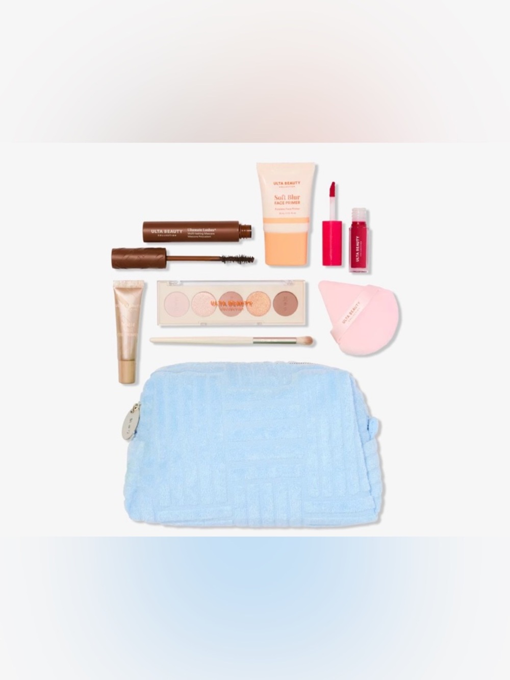 Ulta Beauty Makeup Set with Light Blue Pouch and Pink Accents